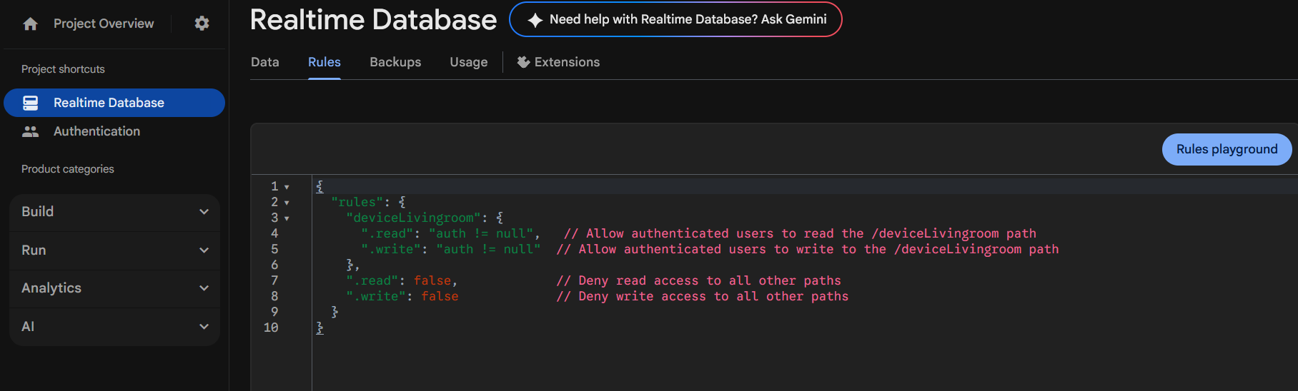 Realtime Database Rules editor screenshot