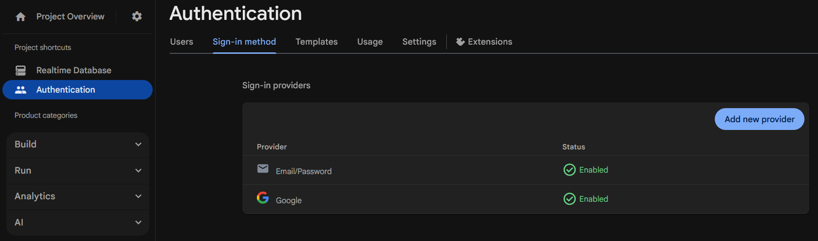 Firebase Authentication sign-in method (Email/Password)