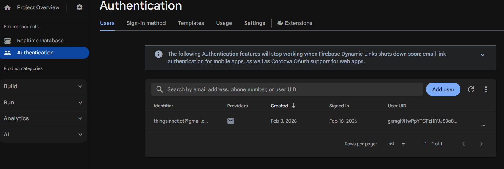 Firebase Authentication Users tab